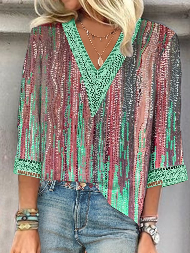 Women's Lace T-Shirt Ombre V Neck Half Sleeve Tops Blue Yellow Green
