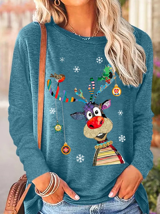 Womens Christmas Reindeer Crew Neck Top